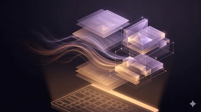 Abstract illustration of ephemeral light trails flowing from a keyboard into structured translucent blocks, representing fleeting reasoning crystallizing into permanent knowledge