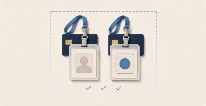 Two company ID badges, one for a person and one for an agent, each with the same company credit card, inside one dashed boundary