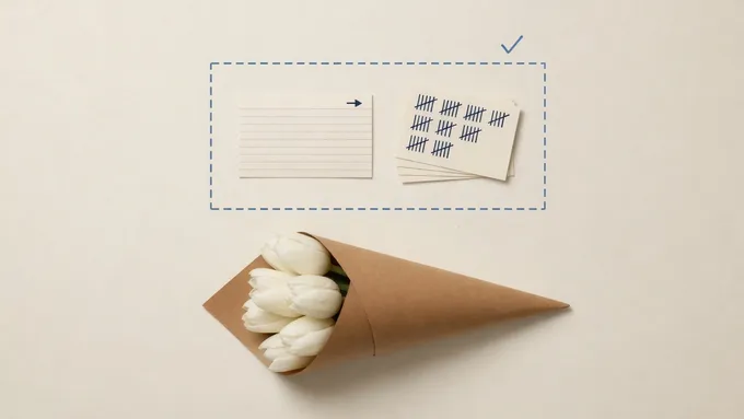 A blank ruled index card with an arrow and a stack of order slips covered in tally marks, inside a dashed boundary with a check mark; below, white tulips in a kraft-paper cone