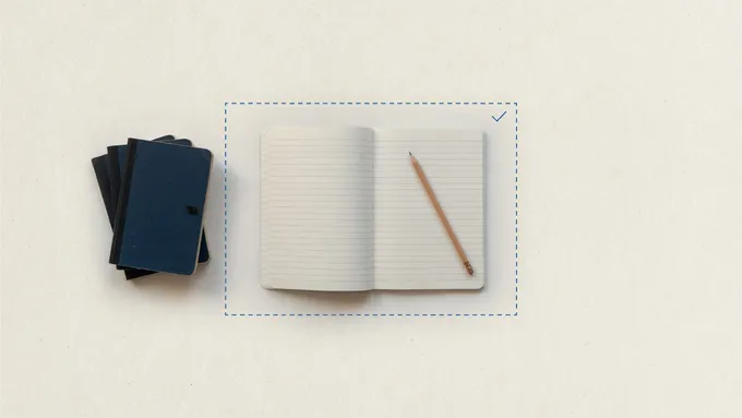 A fresh open notebook and pencil inside a dashed boundary with a check mark, beside a stack of older closed notebooks