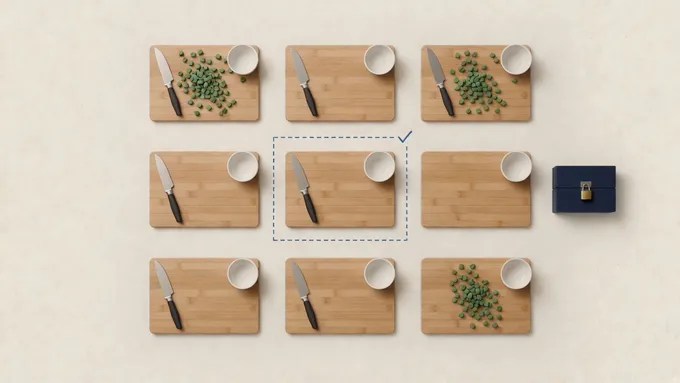 A grid of nine practice cutting boards, some messy; one clean board inside a dashed boundary with a check mark, and a padlocked box beside the grid
