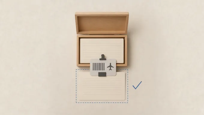 An open index-card box; one card pulled out and kept inside a dashed boundary, with a boarding pass clipped to it and a check mark