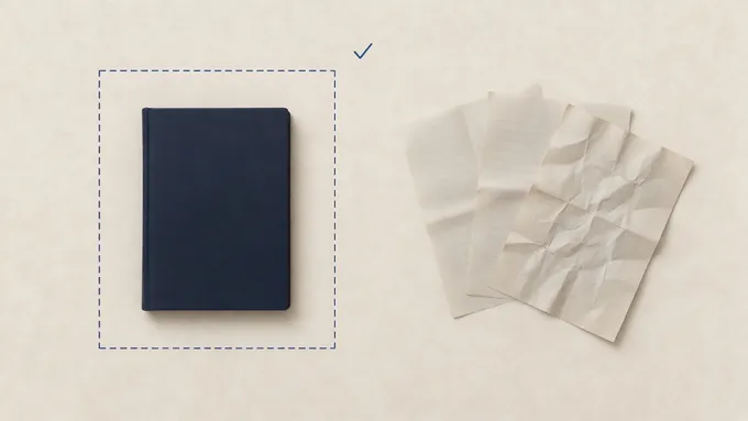 A navy ledger kept inside a dashed boundary with a check mark, beside loose and crumpled paper copies outside it