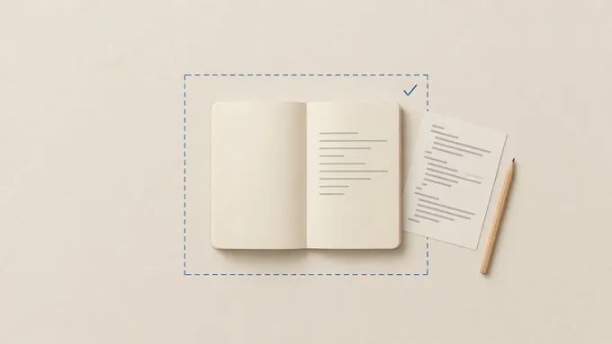 An open journal kept inside a dashed boundary with a check mark, beside a printout of code and a pencil