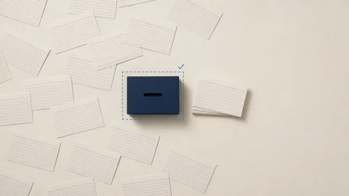 A spread of many index cards heading for a narrow slot in a small navy box, with only a few through to a neat stack beyond it