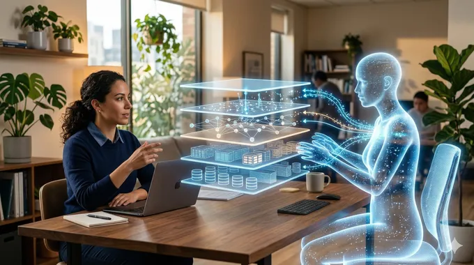 A human data engineer and a holographic AI agent collaborating over a layered data platform architecture